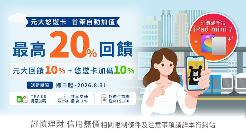 元大悠遊聯名卡首筆20%通勤回饋一次享。