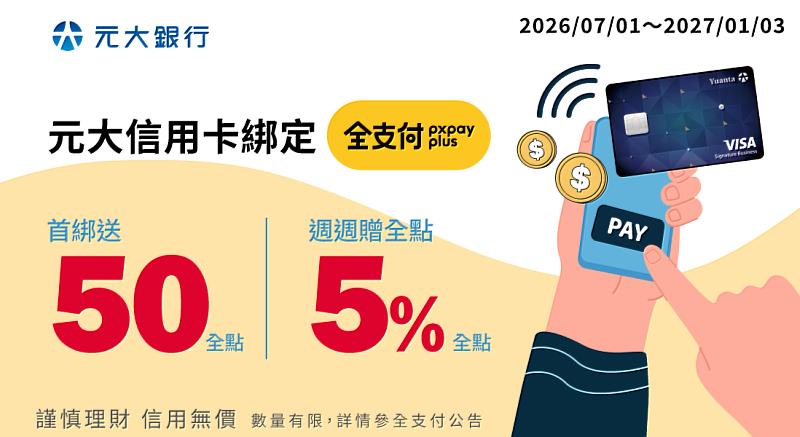 元大信用卡綁定全支付,週週享5%全點。