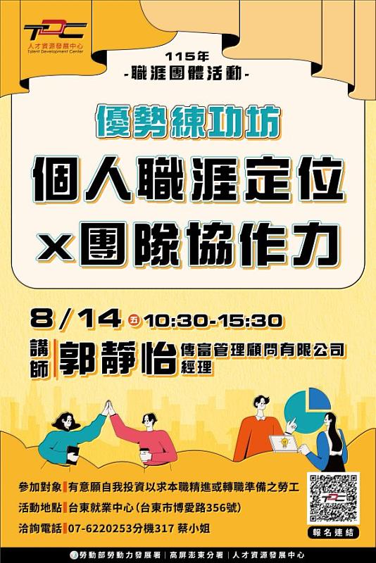 勞動部人才資源發展中心（簡稱TDC）將於115年8月14日（五）在台東就業中心辦理「優勢練功坊：個人職涯定位×團隊協作力」活動，陪伴學員認識自己的優勢、提升團隊協作能力。