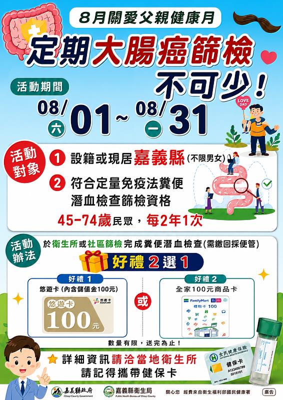 8月關愛父親健康月 定期大腸癌篩檢不可少