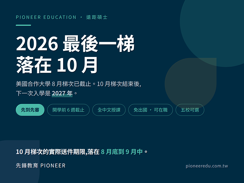 2026遠距碩士最後一梯落在10月。8月梯次已截止,10月之後下一次入學是2027年。實際送件期限落在8月底到9月中。