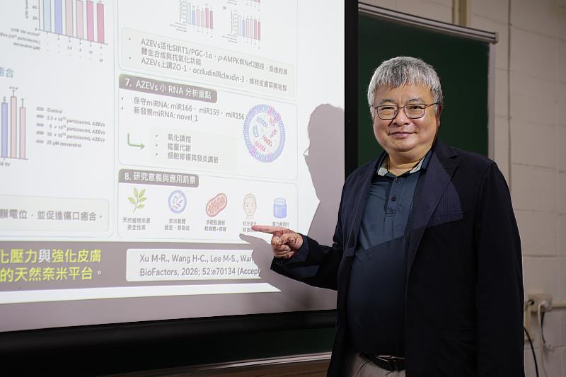 中興大學王升陽教授研究團隊成功自月桃葉分離出奈米級植物細胞外囊泡，首次證實可改善粒線體功能、提升細胞能量代謝，並降低紫外線造成的皮膚細胞損傷，研究成果刊登於國際期刊《BioFactors》。