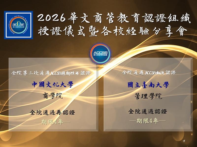 中國文化大學商學院、國立臺南大學管理學院雙雙榮獲ACCSB全院認證。