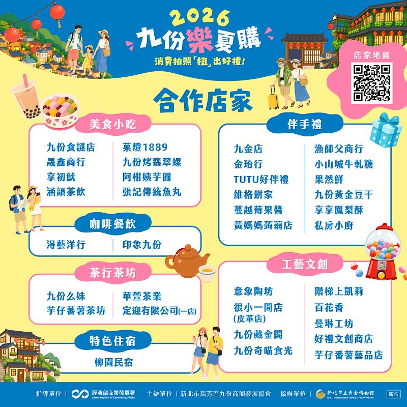 串聯九份商圈多家特色店家共同參與,涵蓋特色小吃、伴手禮、咖啡餐飲、茶行茶坊及工藝文創等各類店家。