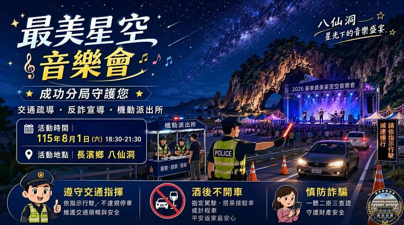 長濱八仙洞最美星空音樂會8月1日登場,成功分局設機動派出所守護交通與民眾安全。