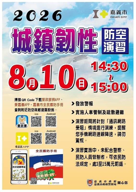 嘉義市城鎮韌性演習8月10日登場,首度實施行動網路降速訓練,市府籲民眾提前準備。