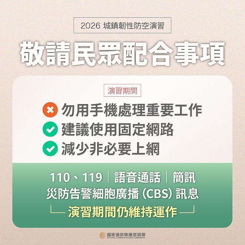 NCC籲請民眾於演習期間配合事項。
