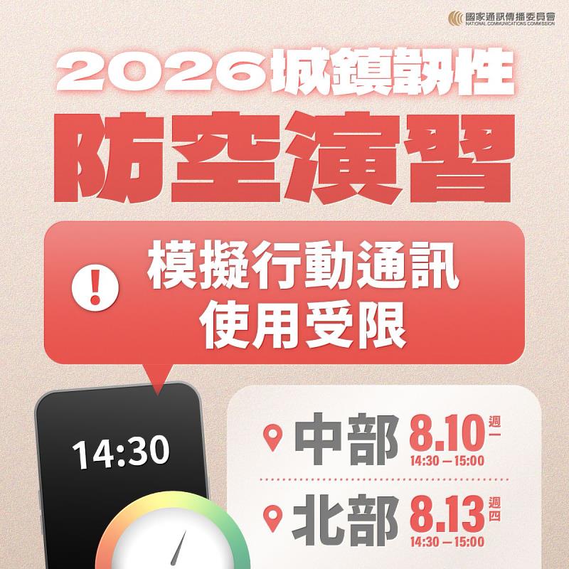 本年度城鎮韌性防空演習首度納入行動網路降速訓練。