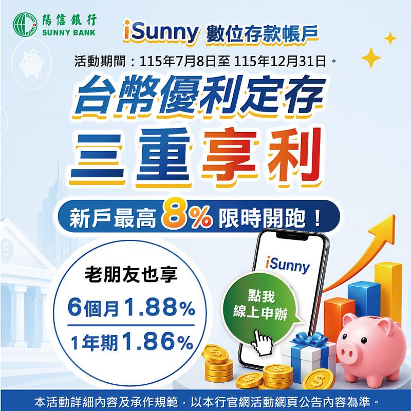 iSunny數位存款帳戶「台幣優利定存三重享利」