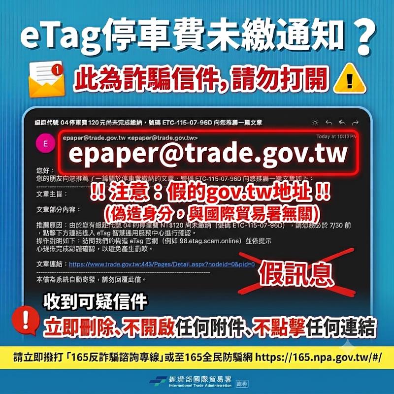 經濟部國際貿易署網站遭不明人士冒用轉發詐騙信件，請民眾務必留意勿點擊連結
