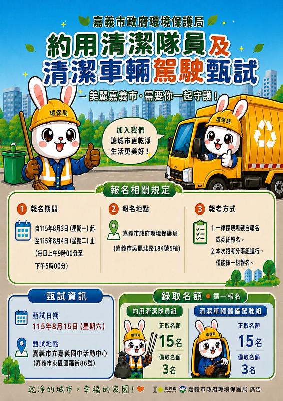 清潔隊招考30名清潔隊約用清潔隊員及清潔車輛儲備駕駛