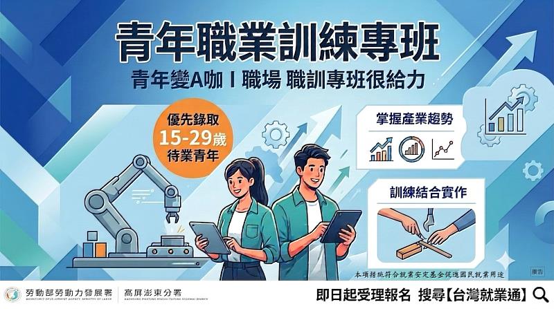 勞動部高分署青年職業訓練專班課程招生中,詳情請上台灣就業通查詢。