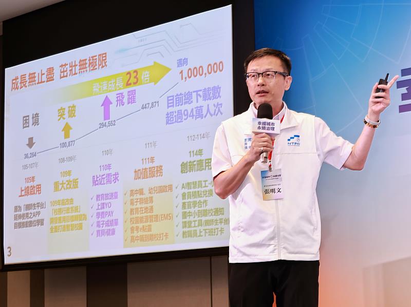 新北市教育局局長張明文分享新北校園通APP的推動成果，說明智慧校園服務整合與教育治理創新的實踐經驗。