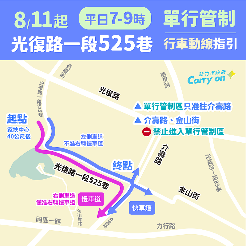 光復路一段525巷單行管制行車動線