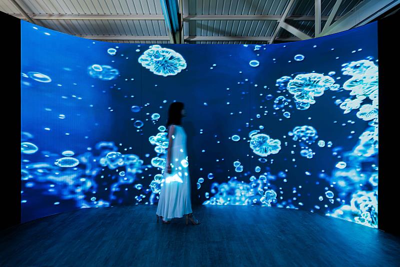 《念生花境》沉浸式互動展演現場，呈現腦波訊號轉化為虛擬世界中數位花卉綻放的視覺效果。