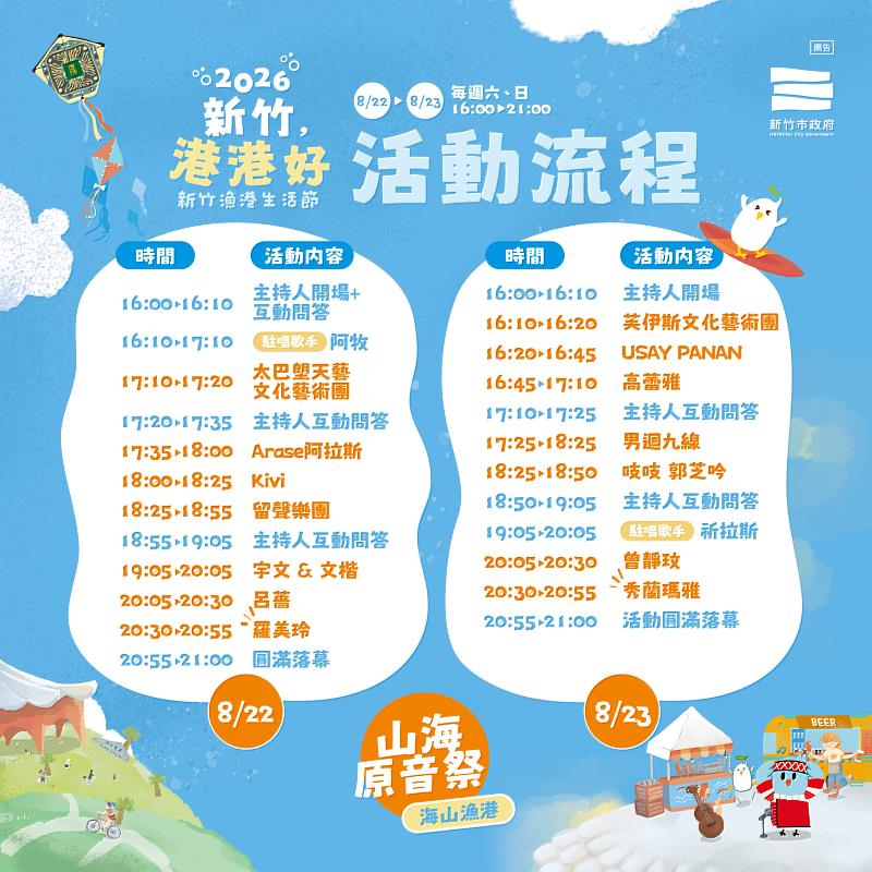 「新竹漁港生活節」山海原音祭8/22、8/23活動流程。