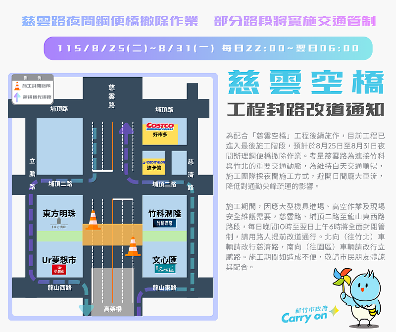 慈雲空橋鋼便橋8/25起夜間撤除,交通管制資訊EDM。