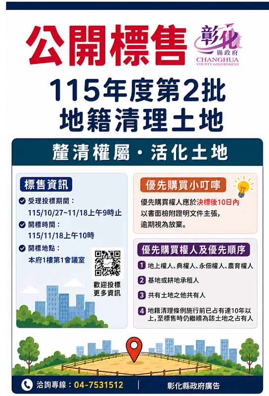 彰化縣政府代為標售115年度第2批地籍清理未能釐清權屬土地開始公告