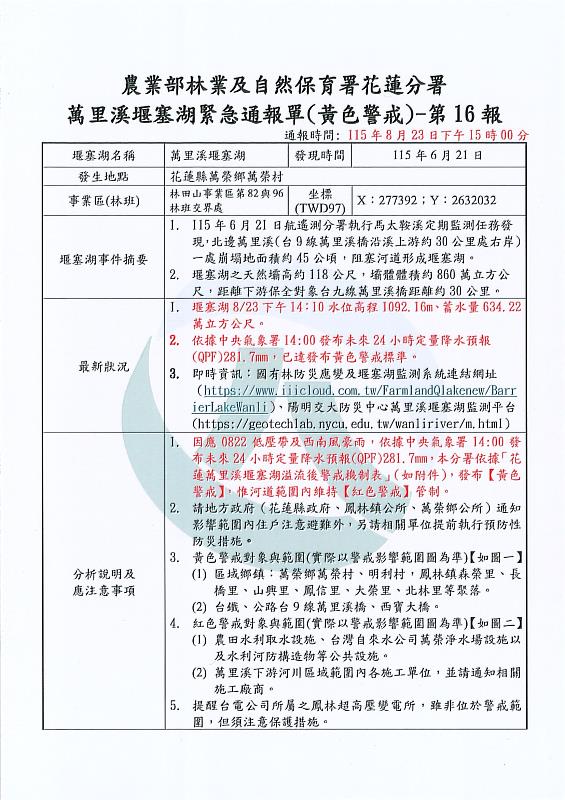 1150823-萬里溪堰塞湖黃色警戒通報單