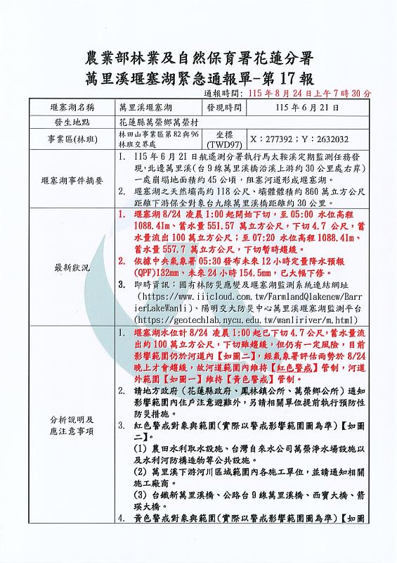 115年8月24日，萬里溪堰塞湖緊急通報單第17報
