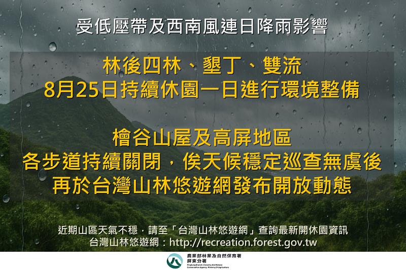 墾丁、雙流、林後四林等森林育樂場域8月25日持續休園1日。