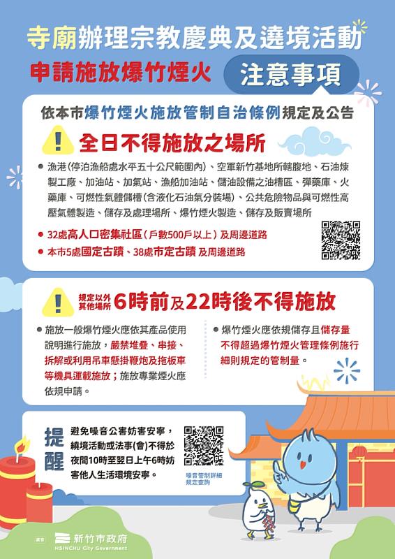 竹市府提醒竹塹中元城隍祭合法施放爆竹煙火 。