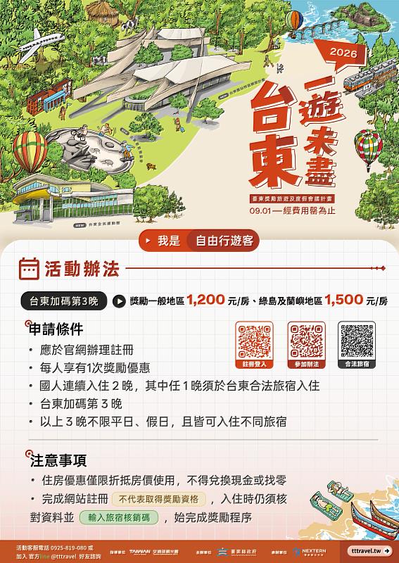 臺東加碼延長旅遊時光 9月起推出住宿優惠及團體包車獎勵