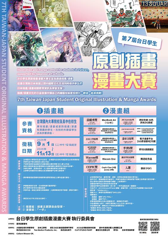 第7屆台日學生原創插畫漫畫大賽今日起開始徵件,前500名投稿者可獲繪圖軟體使用權。