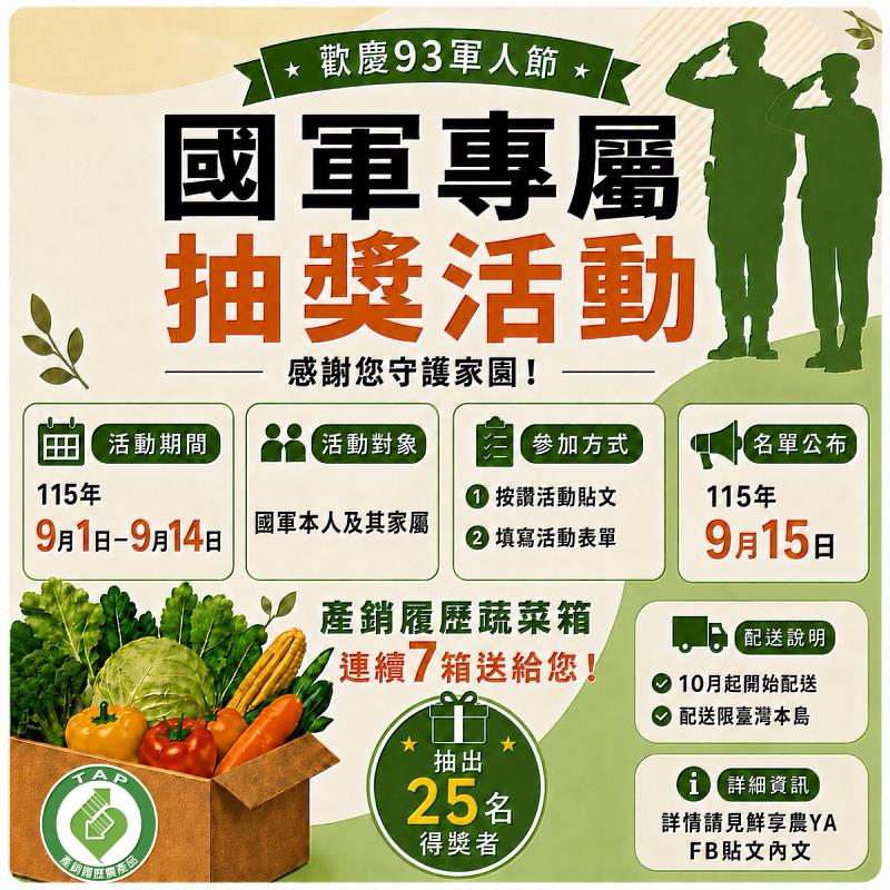 農糧署推出產銷履歷蔬菜箱抽獎活動,致贈辛勞國軍夥伴。