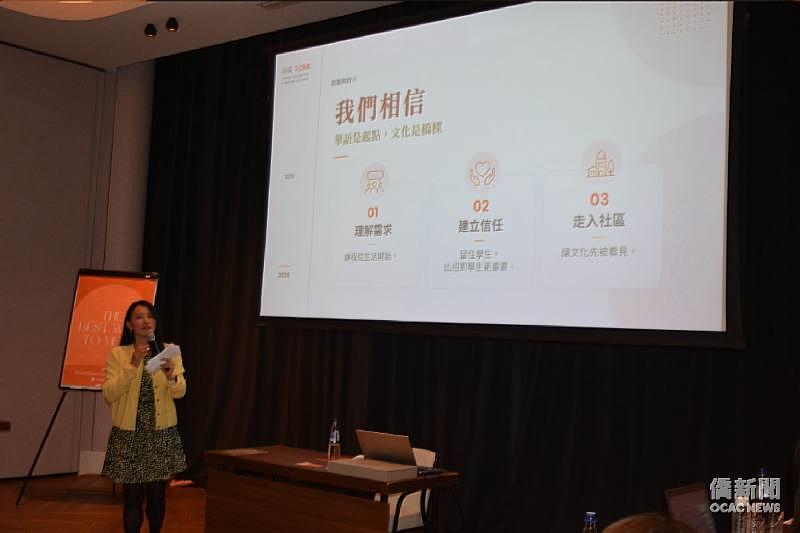 王斐珊於會中簡報TCML營運實踐,分享團隊如何以精準教學結合文化走讀,走入荷蘭在地主流社區。