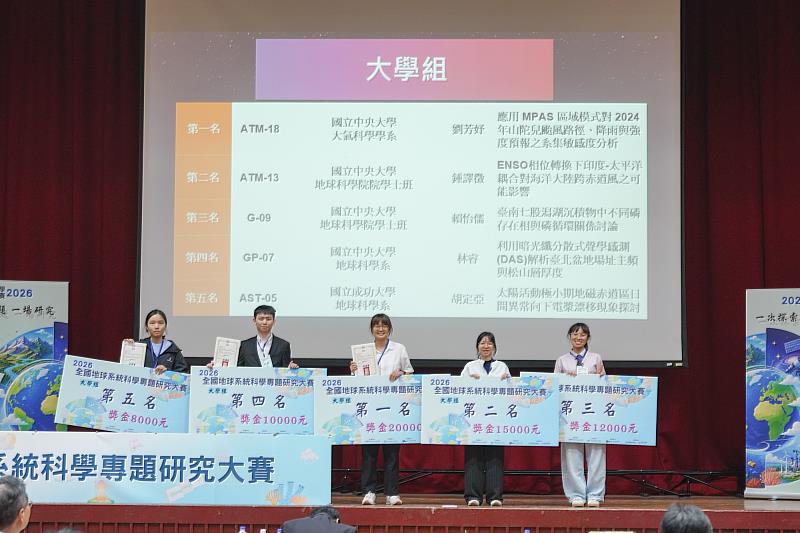 大學組決賽得獎學生合影。獲獎學生研究領域橫跨大氣、海洋、地質、地球物理與天文，其中女學生比例占7成。而高中組也高達6成。
