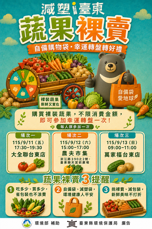 蔬果少一層包裝、生活多一分永續! 臺東3場蔬果裸賣 自備購物袋抽好禮