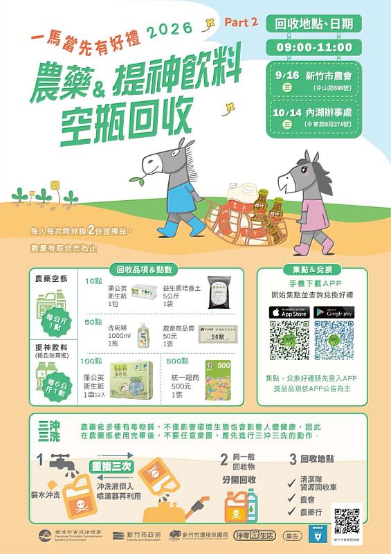 竹市秋季農藥及提神飲料空瓶回收宣導海報。