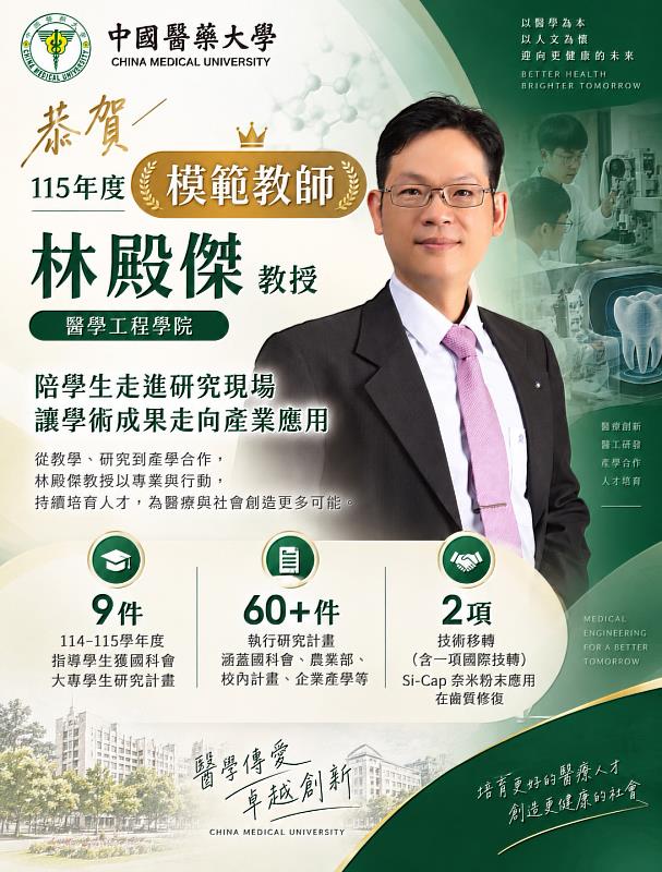 中國醫藥大學醫學工程學院林殿傑教授獲選中華民國私立教育事業協會115年度「模範教師」,肯定其長期深耕教學、學生輔導、研究與產學合作,並推動醫療器材成果邁向產業應用。