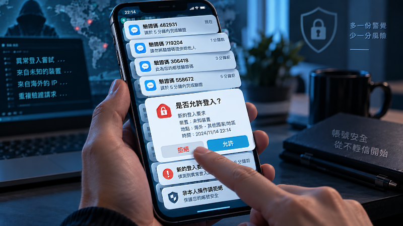 驗證碼一直跳?先別按同意,先想清楚是自己發起的動作?或是危險外來的行為?只要有疑慮,一律請拒絕後查明。