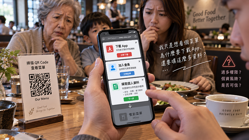 帶長輩、小孩吃飯，別急到掃碼後「不知道是什麼，但大家都在餓肚子等著，就不管它先按再說」。