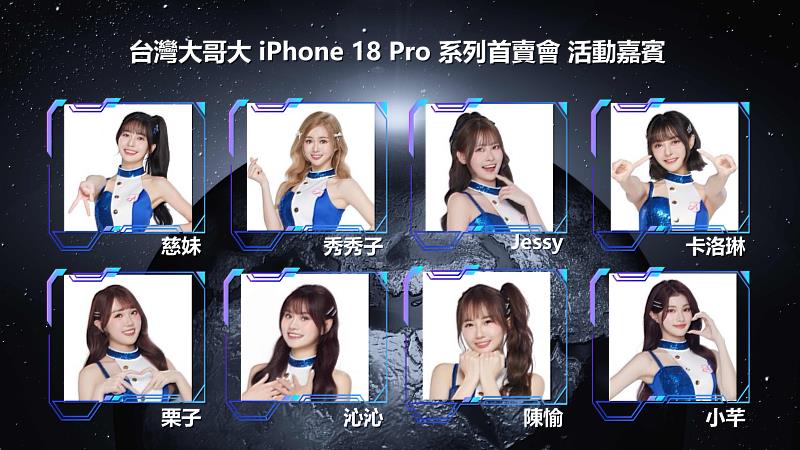 台灣大iPhone 18 Pro系列首賣會邀請Fubon Angels秀秀子、慈妹、Jessy、卡洛琳、栗子、沁沁、陳愉、小芊8位女神熱力應援。