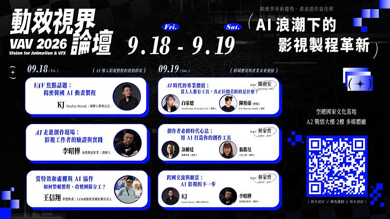 臺灣當代文化實驗場(C-LAB)的「動畫創作者基地」於9月18日、19日舉辦為期兩天的「動效視界論壇 VAV 2026」。圖/社團法人動畫特效協會提供