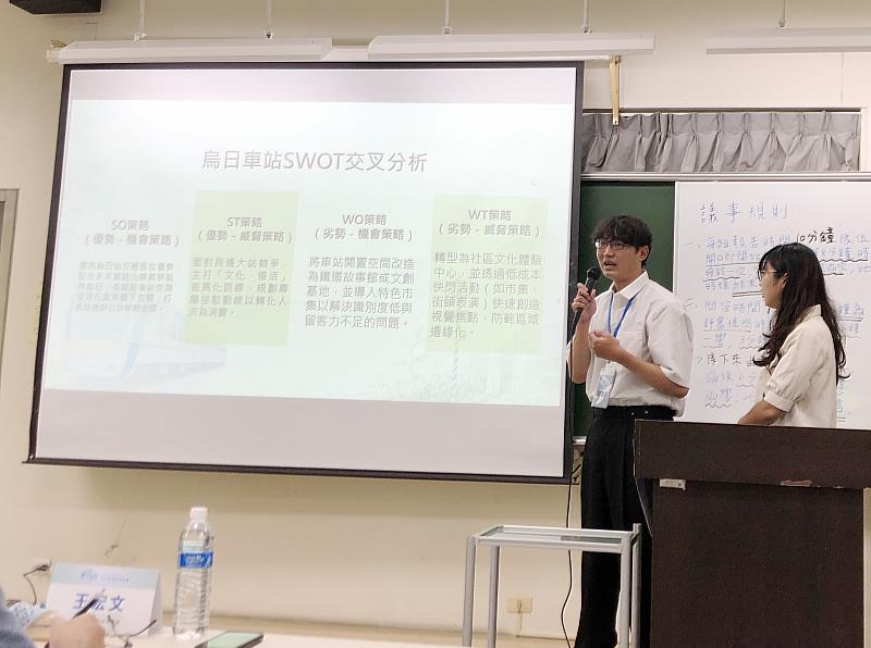 南華大學國際系學生組隊提案在地活化議題，參賽學生鄭淯銘，針對簡易站進行SWOT交叉分析與提案說明。