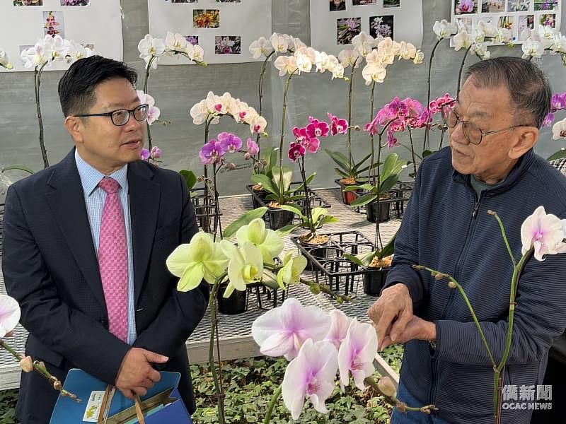 林英杰(右)向藍柏青(左)說明蘭花種植及培育技巧。