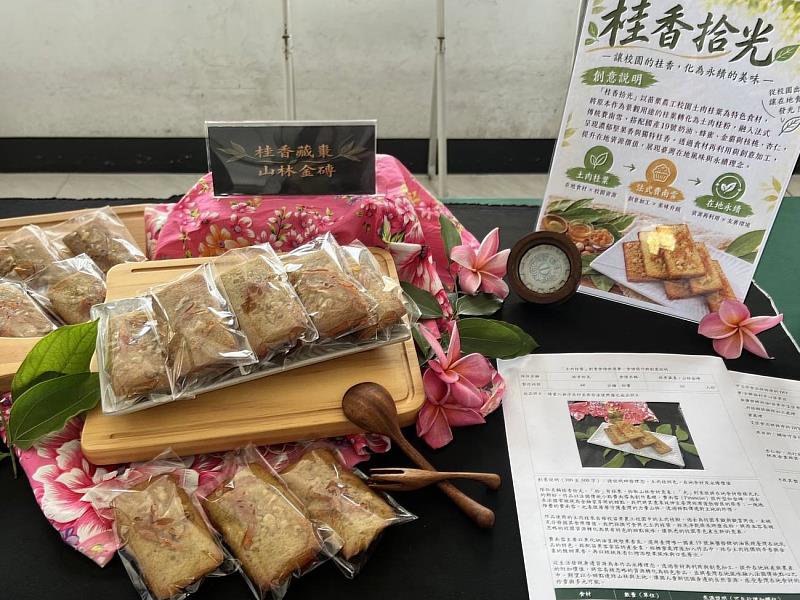 「桂香藏棗・山林金磚」作品構思巧妙,土肉桂融入法式點心-費南雪,搭配苗栗在地金棗,酸甜恰到好處,榮獲第1名。