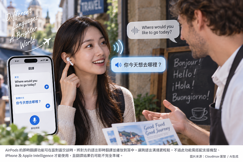AirPods即時翻譯可在面對面交談時,將對方說話內容轉成使用者熟悉的語言傳入耳中,但功能仍需搭配支援的AirPods、iPhone 與 Apple Intelligence。圖為情境示意。