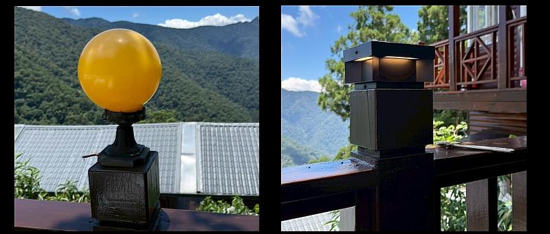 嶺鎮景觀渡假木屋將所有戶外的圓形球燈變成光源朝下,符合暗空理念的燈具。
