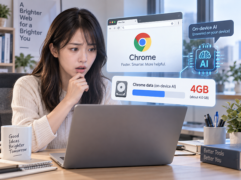 Chrome 近年開始在部分符合條件的裝置上下載裝置端AI模型，用來支援文字處理、詐騙警示等功能。這類模型可能占用數GB儲存空間，因此使用者即使沒有主動安裝AI軟體，也可能發現瀏覽器占用空間增加。圖為情境示意。