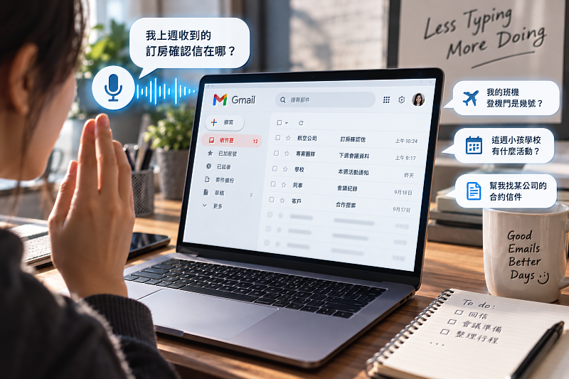 Google正把語音操作帶進Gmail等工作工具,使用者可以直接開口詢問信箱內容、找出特定郵件,甚至進一步整理資訊。相較過去單純把語音轉成文字,現在AI開始嘗試理解使用者真正想找的是什麼。圖為情境示意。