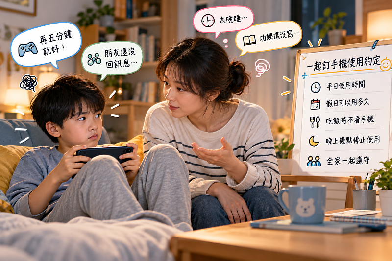 孩子總說「再玩五分鐘」,家長卻擔心功課沒寫完、晚上太晚睡。與其每天為了收手機吵架,不如親子一起訂定使用規則,讓孩子學習時間管理,也讓限制手機不再成為親子關係的拉鋸戰。