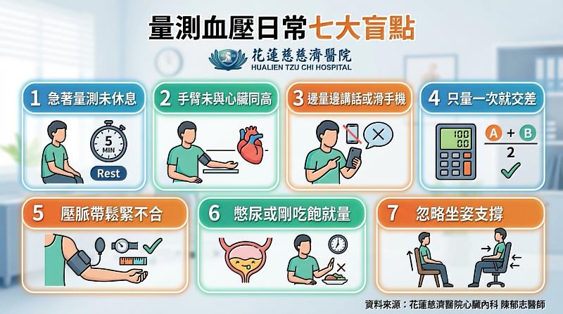 花蓮慈濟醫院心臟內科陳郁志醫師提醒量測血壓7大盲點。