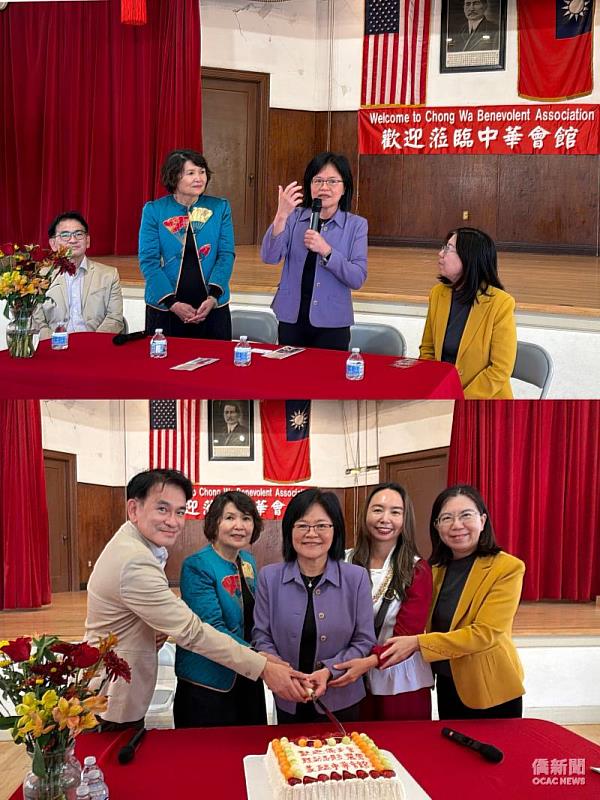 西雅圖中華會館副主席邱美瑞歡迎賴麗瑩蒞臨中華會館（上圖），並共同切蛋糕留念（下圖）。