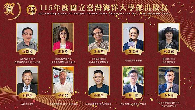 海大115年度選出10位傑出校友,將於10月17日73週年校慶慶祝大會上頒獎表揚。