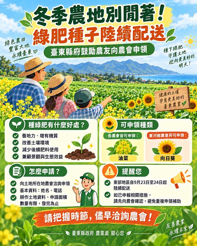 冬季農地別閒著!綠肥種子陸續配送 臺東縣府鼓勵農友向農會申領